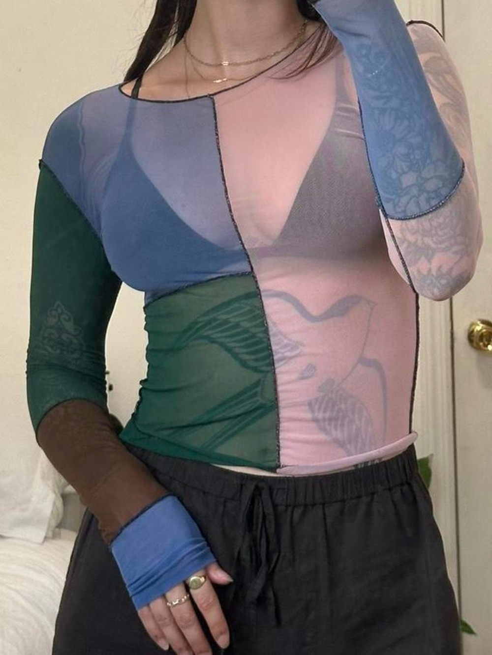 Colorblock Sheer Patchwork Long-Sleeve Top